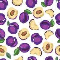 Hand drawn fruit plum seamless pattern for print, textile packaging, wallpaper design. Summer fruits repeating background with plums drawn in crayons. illustration vector