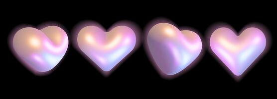 3d shiny glossy Hearts in different positions set isolated on a black background. Trendy holographic elements collection. Love symbol. Glowing Heart with highlights and shimmers vector