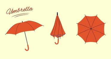 Flat style umbrellas. Opened, and folded umbrellas. Rain protection parasols suitable for rainy weather. Isolated Illustration on a light background vector