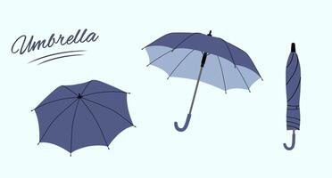 Flat style umbrella. Set of umbrellas in various positions. Open and folded umbrella. vector