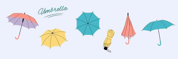 Set of Umbrella in flat style. Opened, closed, and folded umbrellas. Rain protection parasols for rainy weather. Isolated illustrations on light blue background vector