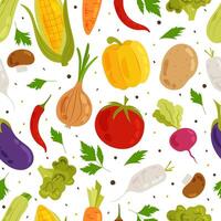 Seamless pattern with different vegetables on white background. Seasonal vegetables in flat style. Healthy food. Pattern for textile, wrapping paper, background. vector
