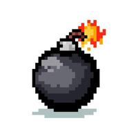 A pixelated bomb icon with a lit wick. Arcade game symbol, web icon. Bomb icon. Burning bomb in pixel style. vector