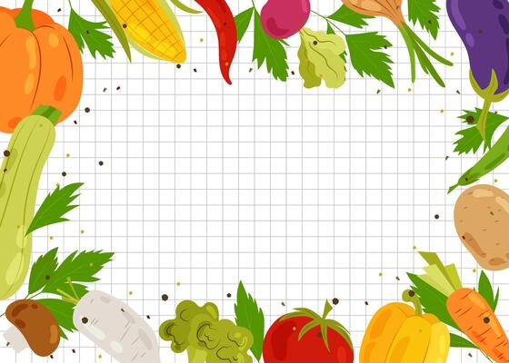 Background with different vegetables in flat style. Healthy food, seasonal vegetables. Background for inscriptions, banners, layouts, recipes. Cartoon background with vegetables.