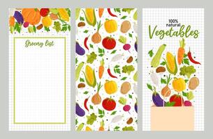 A set of backgrounds with ripe seasonal vegetables and spices. Vegetables in flat style. Shopping list, seamless pattern, banner, cover. vector