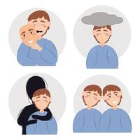 A set of illustrations of a men with psychological problems. Mental health, psychology problem concept. Flat illustration isolated on white background. vector