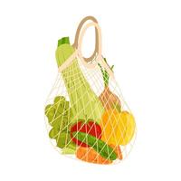 Eco shopping net bag. Shopping mesh bag with various grocery product. Ripe vegetables in eco bag on white background. Flat style farm vegetables. vector