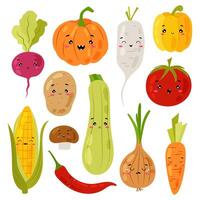 A set of ripe vegetables with funny faces. Different cartoon vegetables in flat style. Cute vegetable characters for kids. vector