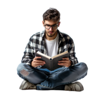 A young man sitting cross-legged on the floor, immersed in reading a book, isolated on a transparent background png