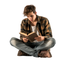 A young man sitting cross-legged on the floor, immersed in reading a book, isolated on a transparent background png