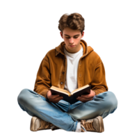 A young man sitting cross-legged on the floor, immersed in reading a book, isolated on a transparent background png