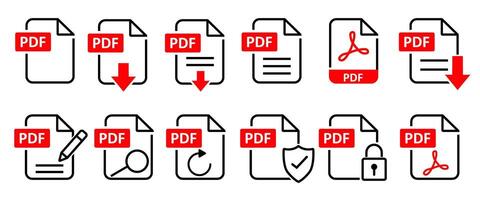 PDF file format icons set. Format information, Document text, Pdf file download, PDF Security for document protecton vector