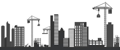 Black silhouette of a construction site isolated on transparent background. Construction cranes over buildings. vector