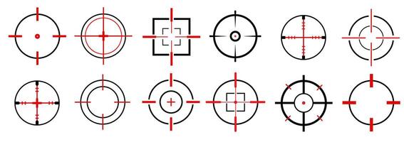 Target icons set. Gun target, focus, crosshair, reticle, viewfinder. Target destination flat and line style vector