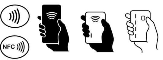 Payment options icons set. NFC payment with mobile phone, debit-credit card, NFC payment and cash. vector
