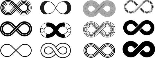 Infinity icons set. Infinity symbol, infinity space, infinity arrow, infinity loop, infinity circle. vector