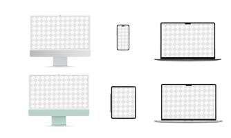 Mock-up screen 2023-2024 yers. Set devices black colors. Laptop pro and air, Computer monitor, Tablet and Smartphone vector