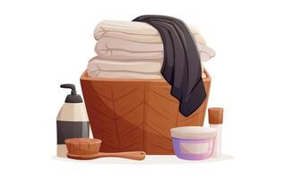Still life of a bathroom. Decorative composition of home interior, a basket with a stack of towels, a hair brush and jars with beauty products and shampoo. isolated cartoon illustration. vector