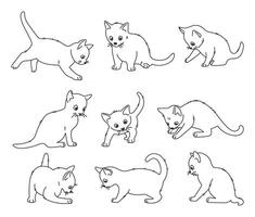 Set of cute playing kittens. Line art. Linear illustration isolated on white vector