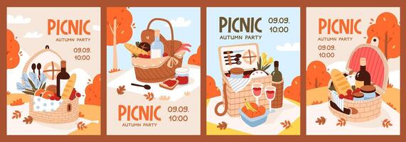 Autumn picnic party invitation template set. Picnic baskets filled with goodies against a vibrant autumn backdrop. vector