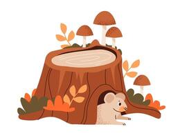 Stump of tree with mushrooms. Animal in hole and burrow. vector