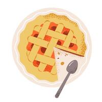 Pumpkin pie on a plate, top view. Autumn dessert. Pumpkin pie slice isolated on white background vector