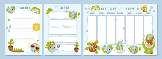 Weekly planner and to-do list with cute planet earth characters. Organize activities with environmental illustrations. Kids task schedule vector