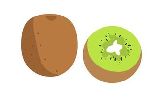 Ripe whole kiwi fruit and half kiwi fruit isolated on white background. Chinese gooseberry half cross section flat color icon for food apps and websites vector