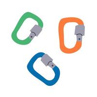 Set of metallic carabiner clip hiking loop mechanism for safety flat illustration. Climbing alpinism mountaineering protective link gear for rope connect extreme sport supply snap carbine vector