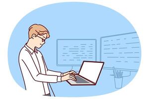 Man software developer is standing at table with laptop and monitors creating server applications vector
