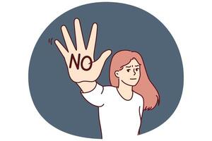 Brave woman makes stop gesture showing palm with inscription no to call for end to discrimination vector