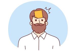 Hipster man with sticky notes on forehead tries to guess what is written on sticker vector