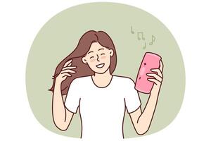 Woman with wireless portable speaker smiling enjoying loud rhythmic music of favorite rock band vector