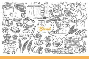 Production and consumption of bread from wheat and grain, for decorating bakery. Hand drawn doodle vector