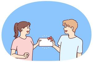 Man and woman with gift certificate in hands rejoice at receiving invitation card vector