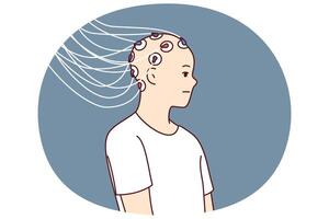 Man with electrodes connected to head to study brain activity and work of neurons or mind control vector