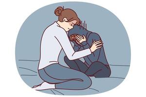 Mother consoles crying daughter who is depressed due to peer problems or poor school performance vector