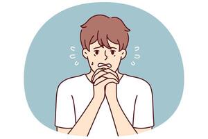 Excited man makes gesture of praying asking lord for help in solving problems that have arisen vector