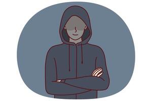 Anonymous man stands with arms crossed and hiding eyes behind hood for concept secret surveillance vector