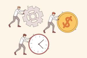Working to increase productivity of business, from managers rolling large clock and coin or gear vector