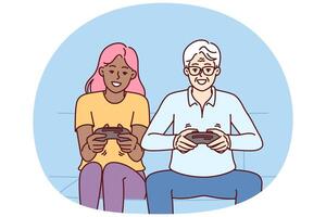 Diverse man and woman with joysticks are sitting on sofa playing game fighting virtual characters vector