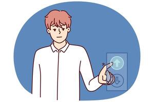 Man presses up button while riding in elevator for concept of ambitious striving for progress vector