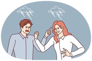 Quarrel between man and woman angrily screaming and pointing fingers towards interlocutor vector