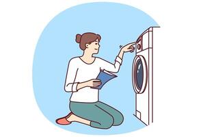 Woman turns on washing machine on knees with paper instruction with rules for using equipment vector