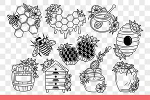 Bee making honey near honeycombs and nest or jars with barrels filled with syrup. Hand drawn doodle vector