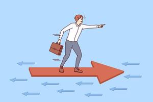 Oppositional actions of investor acting differently, standing on arrow flying in opposite direction vector