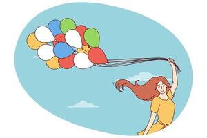 Happy young woman with balloons rejoices at onset of spring standing on background of blue sky vector