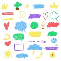 Scribble crayon texture illustration collection. Child color drawing set isolated on white. vector