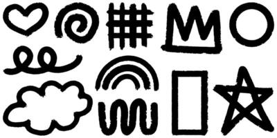 Bold brush Hand drawn doodle style collection of heart, scribble, star, crowns, spirals, rainbows, clouds, circles, and emphasis element. use for concept design. vector