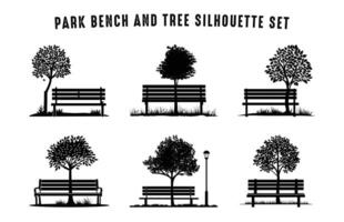 Bench and Tree Silhouette Clipart Bundle, Park bench With a Tree black Silhouette Set vector